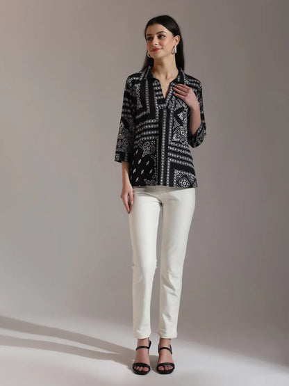 Black Pure Cotton Boho Printed Top