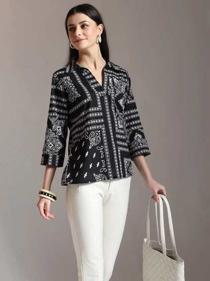 Black Pure Cotton Boho Printed Top