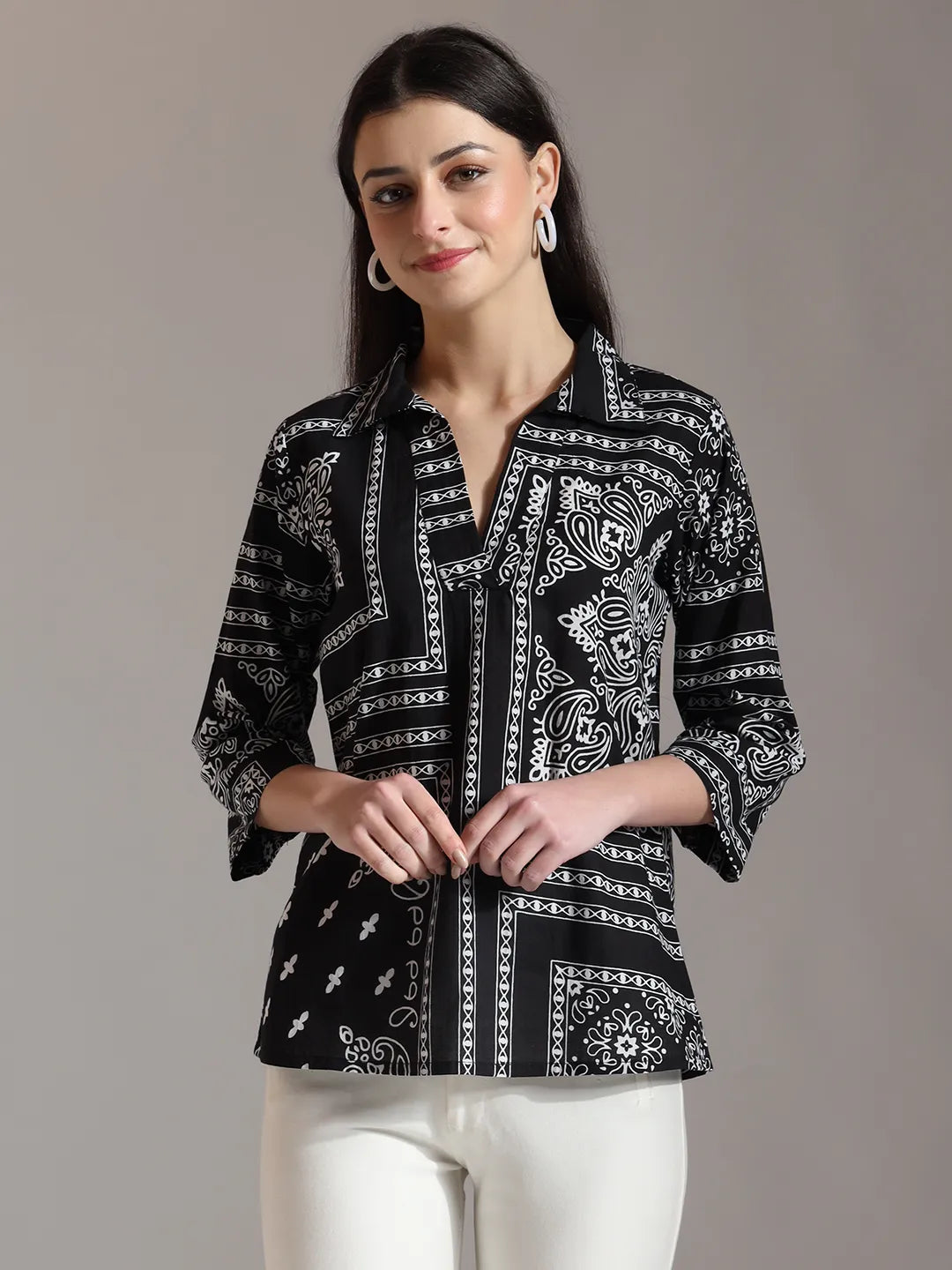 Women's Black Cotton Black Pure Cotton Boho Printed Top by Yufta, suitable for wholesale buyers, boutiques, retailers, resellers and bulk fashion orders from Trendphoria