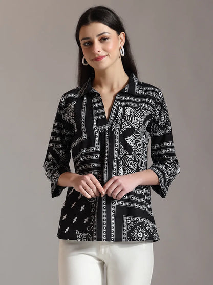 Women's Black Cotton Black Pure Cotton Boho Printed Top by Yufta, suitable for wholesale buyers, boutiques, retailers, resellers and bulk fashion orders from Trendphoria