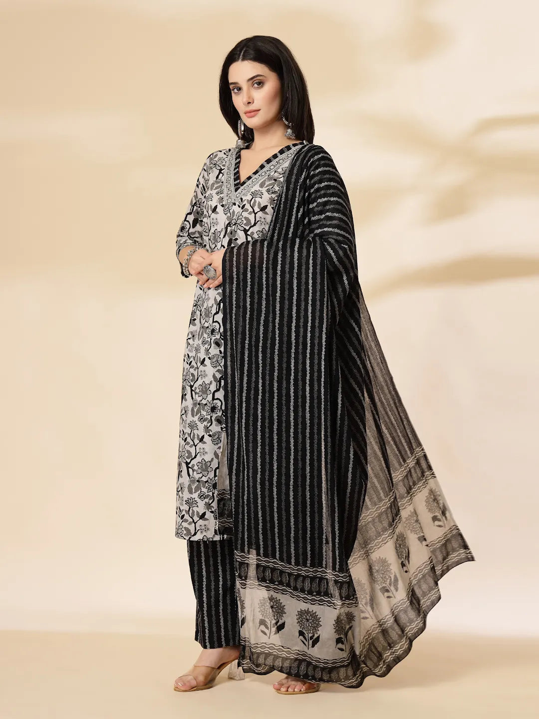 Black Pure Cotton Floral Sequins Work Kurta Dupatta Pant Set