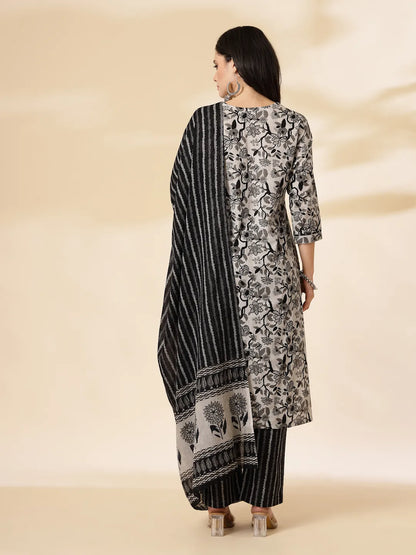 Black Pure Cotton Floral Sequins Work Kurta Dupatta Pant Set