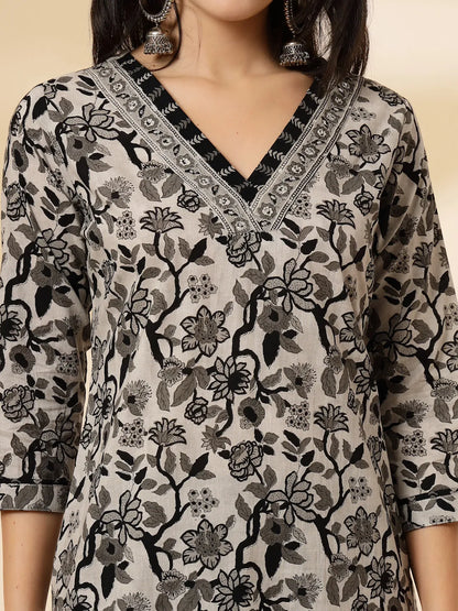 Black Pure Cotton Floral Sequins Work Kurta Dupatta Pant Set