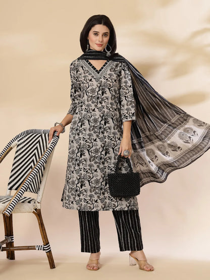 Black Pure Cotton Floral Sequins Work Kurta Dupatta Pant Set