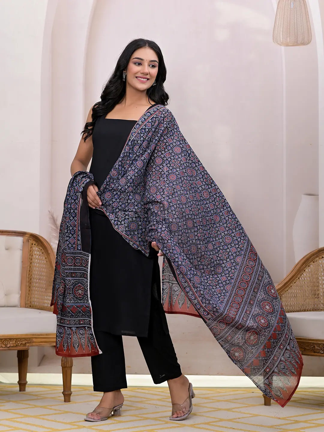 Black Pure Cotton Straight Suit Set