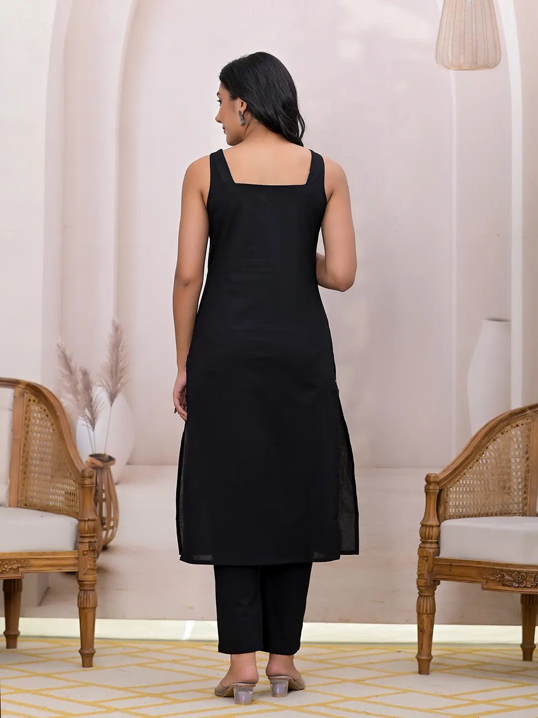 Black Pure Cotton Straight Suit Set