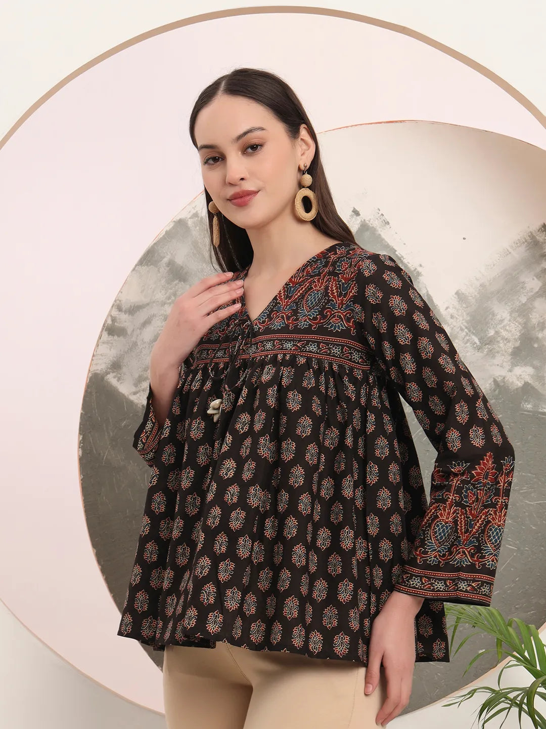 Black Pure Cotton Tie Up Peplum Top