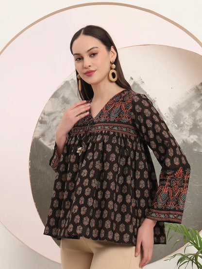 Black Pure Cotton Tie Up Peplum Top