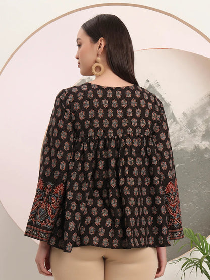 Black Pure Cotton Tie Up Peplum Top