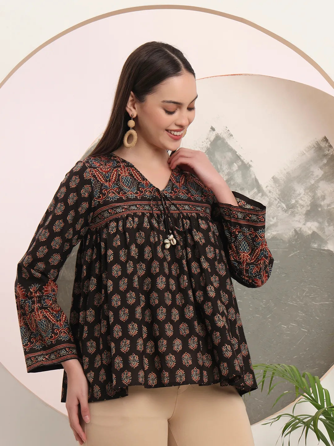 Black Pure Cotton Tie Up Peplum Top