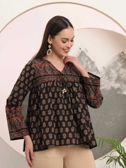 Black Pure Cotton Tie Up Peplum Top