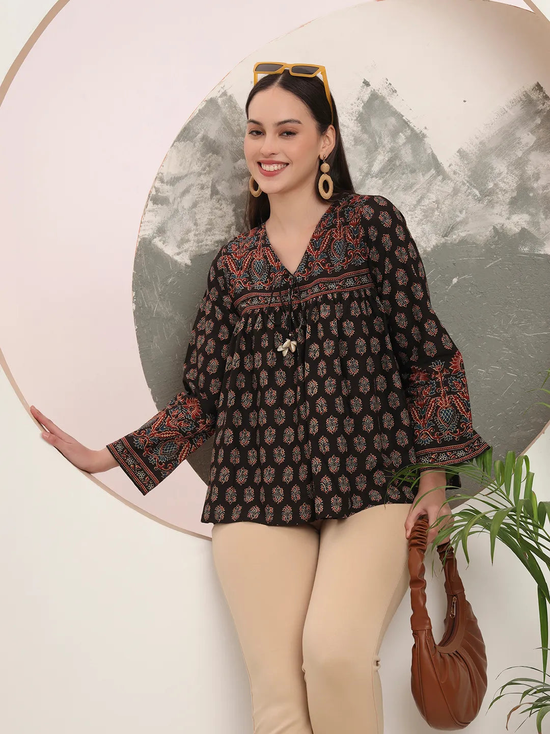 Black Pure Cotton Tie Up Peplum Top