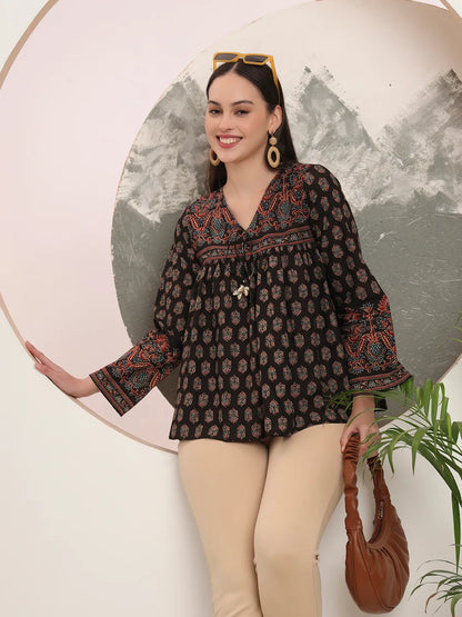 Black Pure Cotton Tie Up Peplum Top