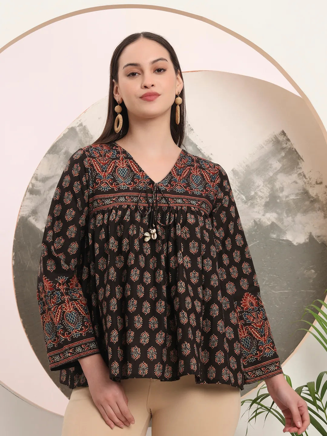 Black Pure Cotton Tie Up Peplum Top