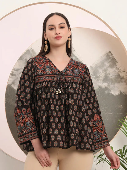 Black Pure Cotton Tie Up Peplum Top