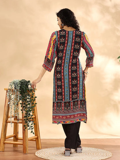 Black Silk Crepe Cut Dana Work Straight Kurta Dupatta Pant Set