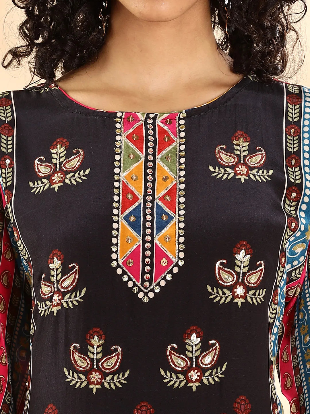 Black Silk Crepe Cut Dana Work Straight Kurta Dupatta Pant Set