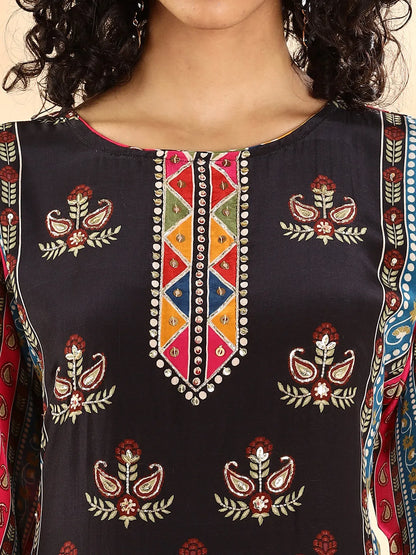 Black Silk Crepe Cut Dana Work Straight Kurta Dupatta Pant Set