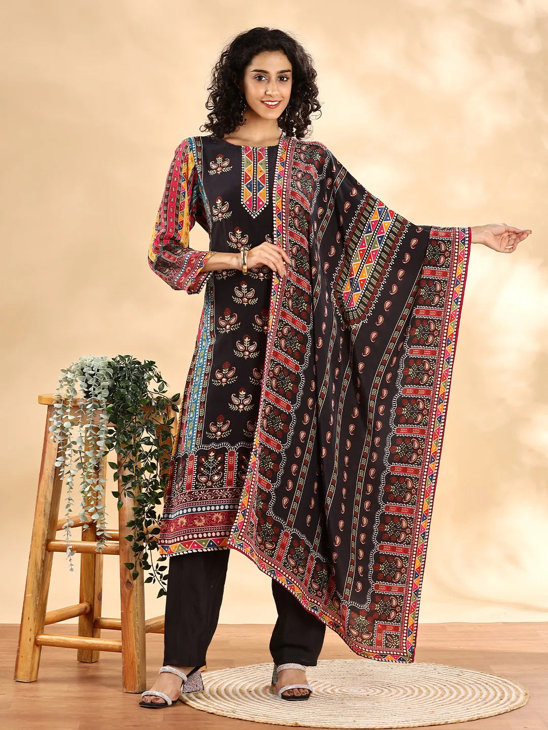 Women's Black Cotton Black Silk Crepe Cut Dana Work Straight Kurta Dupatta Pant Set by Yufta, suitable for wholesale buyers, boutiques, retailers, resellers and bulk fashion orders from Trendphoria