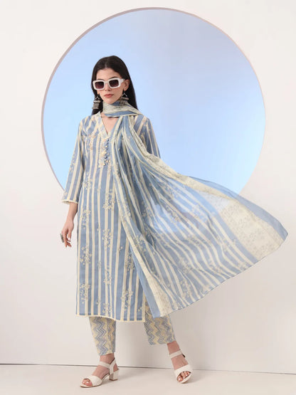 Blue And Cream Striped Straight Thread Work Kurta And Trouser With Dupatta Set