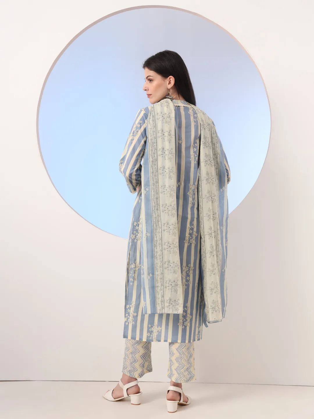 Blue And Cream Striped Straight Thread Work Kurta And Trouser With Dupatta Set