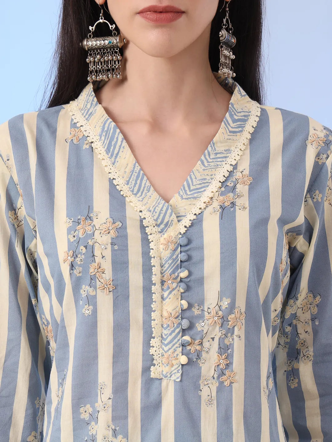 Blue And Cream Striped Straight Thread Work Kurta And Trouser With Dupatta Set