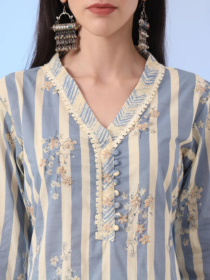 Blue And Cream Striped Straight Thread Work Kurta And Trouser With Dupatta Set