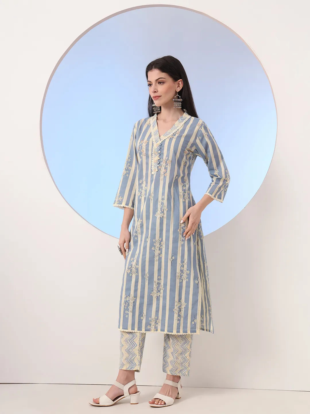 Blue And Cream Striped Straight Thread Work Kurta And Trouser With Dupatta Set