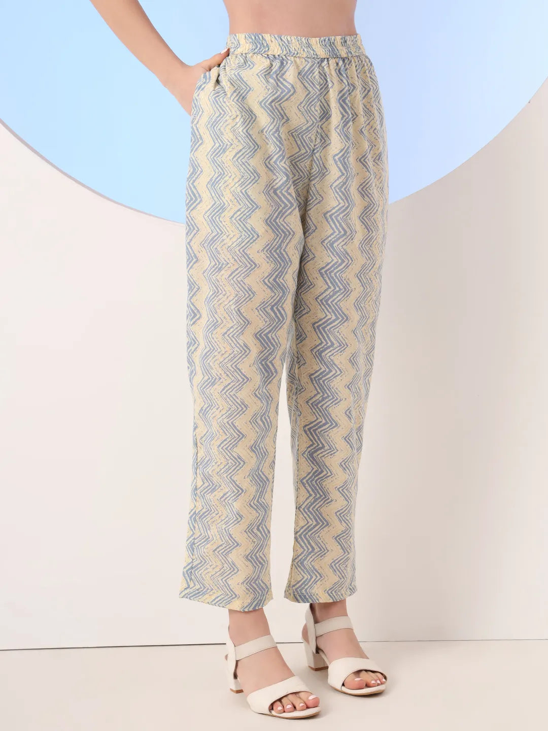 Blue And Cream Striped Straight Thread Work Kurta And Trouser With Dupatta Set