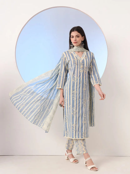 Blue And Cream Striped Straight Thread Work Kurta And Trouser With Dupatta Set
