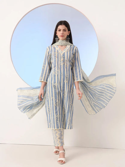 Women's Blue Cotton Blue And Cream Striped Straight Thread Work Kurta And Trouser With Dupatta Set by Yufta, suitable for wholesale buyers, boutiques, retailers, resellers and bulk fashion orders from Trendphoria