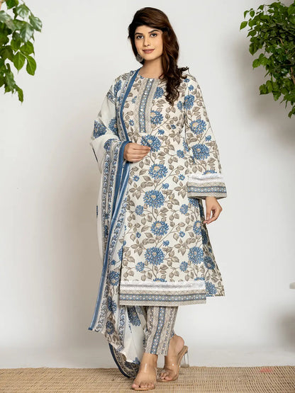 Blue And Off White Cotton Pakistani Style Kurta Dupatta Set