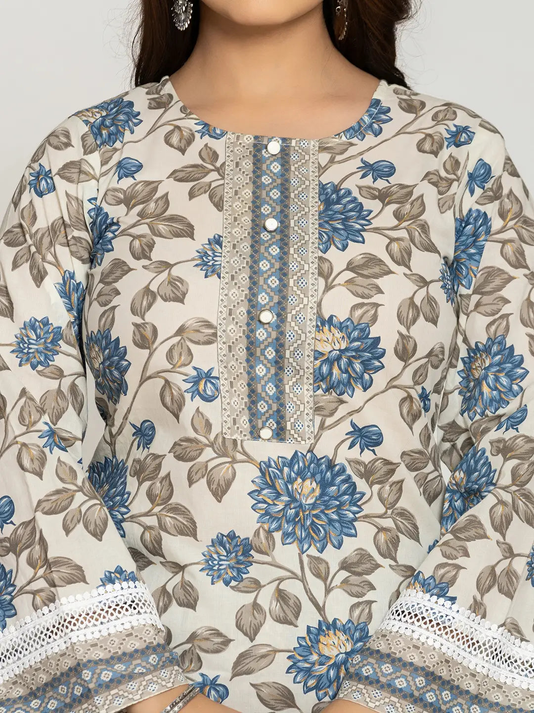 Blue And Off White Cotton Pakistani Style Kurta Dupatta Set