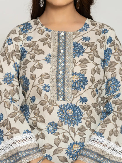 Blue And Off White Cotton Pakistani Style Kurta Dupatta Set