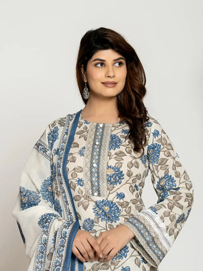 Blue And Off White Cotton Pakistani Style Kurta Dupatta Set