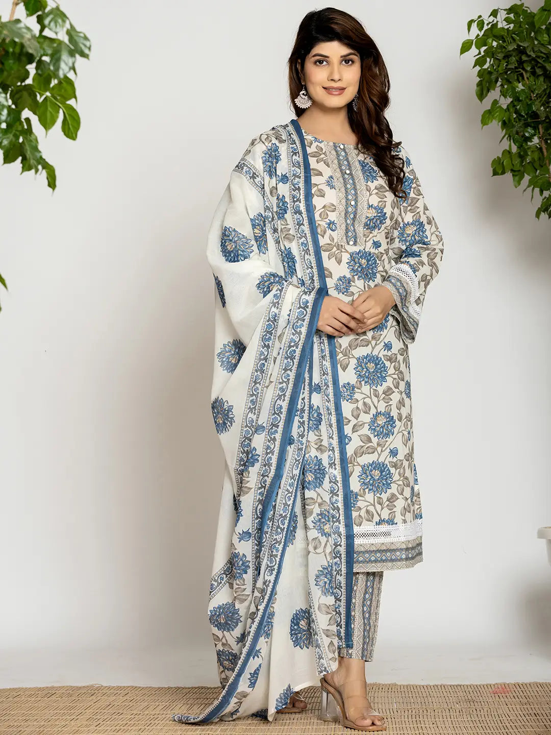 Blue And Off White Cotton Pakistani Style Kurta Dupatta Set