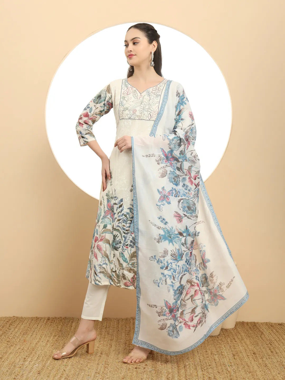 Blue And White A Line Premium Mul Cotton Kurta Dupatta Pant Set
