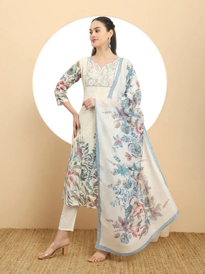 Blue And White A Line Premium Mul Cotton Kurta Dupatta Pant Set