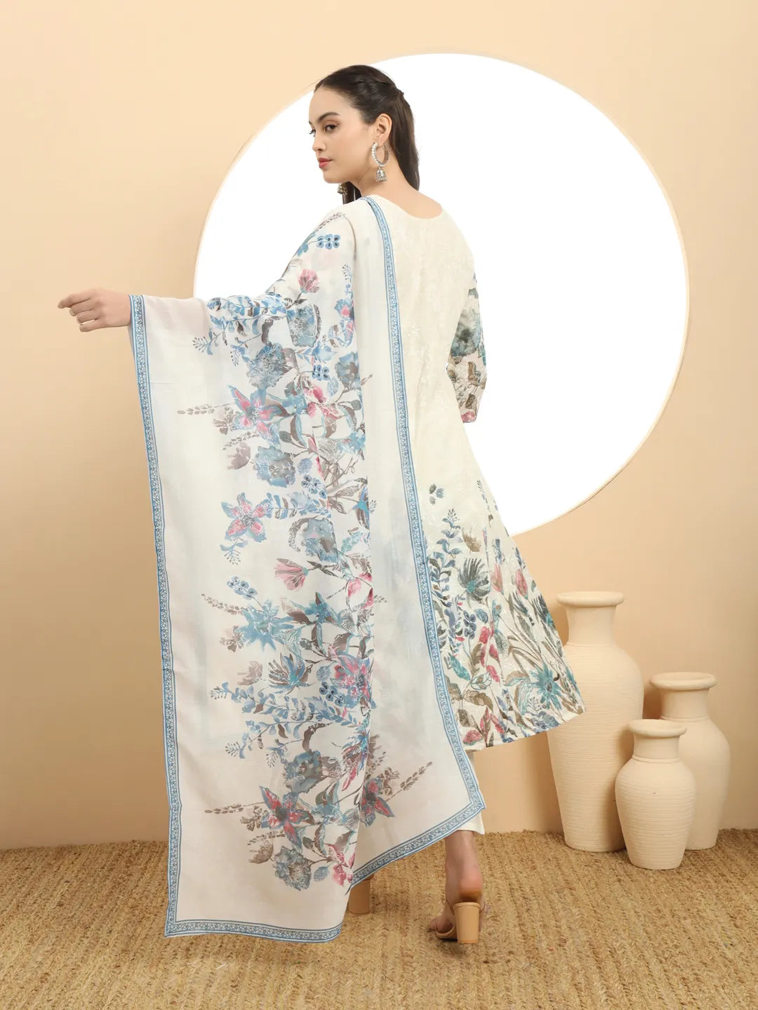 Blue And White A Line Premium Mul Cotton Kurta Dupatta Pant Set