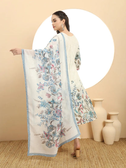 Blue And White A Line Premium Mul Cotton Kurta Dupatta Pant Set