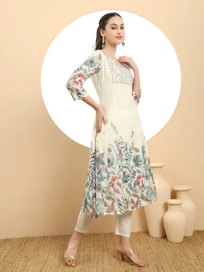 Blue And White A Line Premium Mul Cotton Kurta Dupatta Pant Set