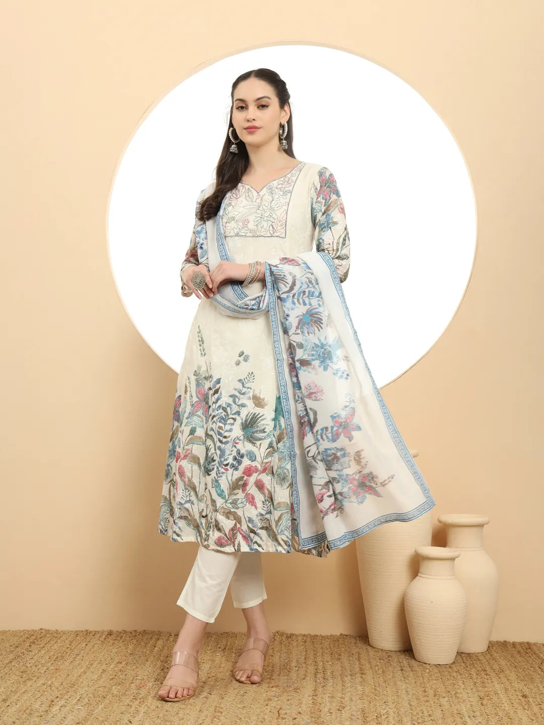 Blue And White A Line Premium Mul Cotton Kurta Dupatta Pant Set