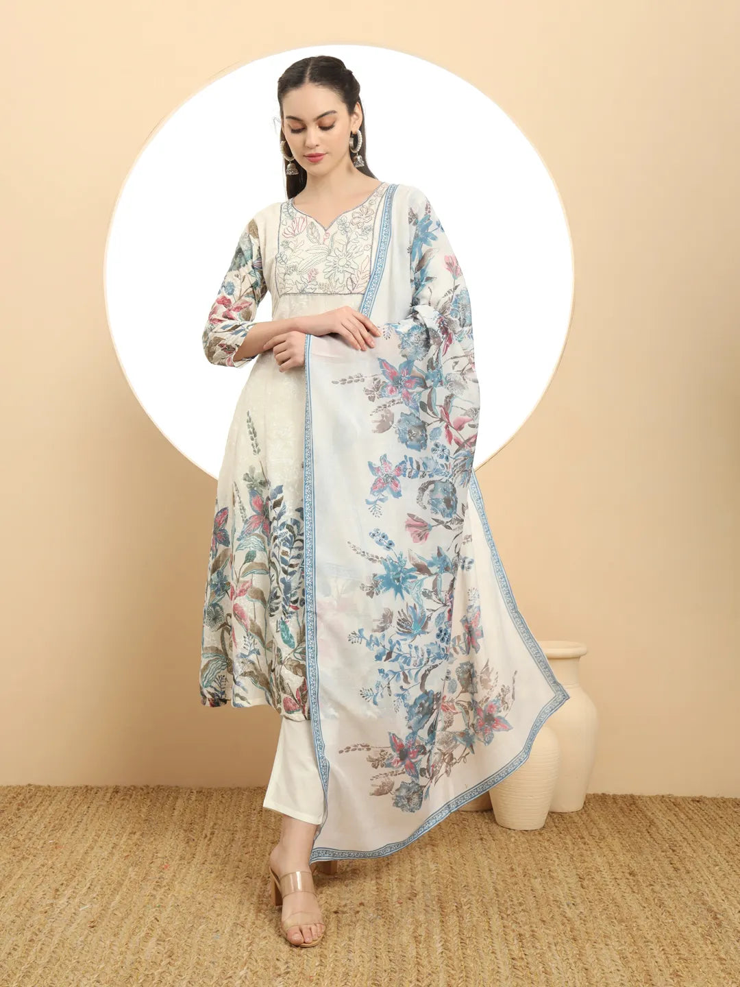 Women's Blue Cotton Blue And White A Line Premium Mul Cotton Kurta Dupatta Pant Set by Yufta, suitable for wholesale buyers, boutiques, retailers, resellers and bulk fashion orders from Trendphoria