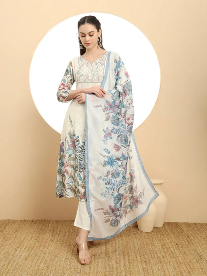 Women's Blue Cotton Blue And White A Line Premium Mul Cotton Kurta Dupatta Pant Set by Yufta, suitable for wholesale buyers, boutiques, retailers, resellers and bulk fashion orders from Trendphoria