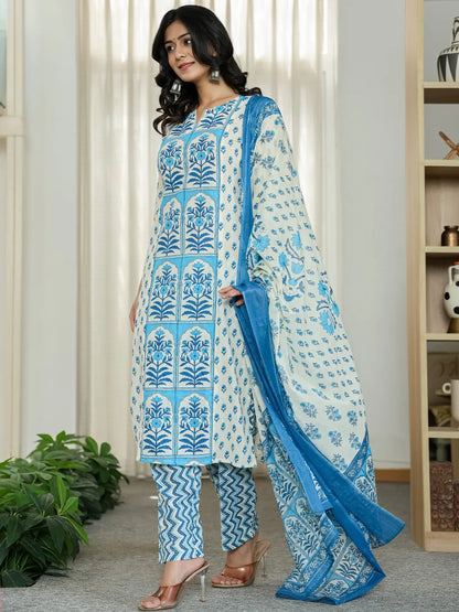Blue And White Ethnic Motifs Straight Kurta Trouser Dupatta Set
