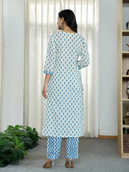 Blue And White Ethnic Motifs Straight Kurta Trouser Dupatta Set