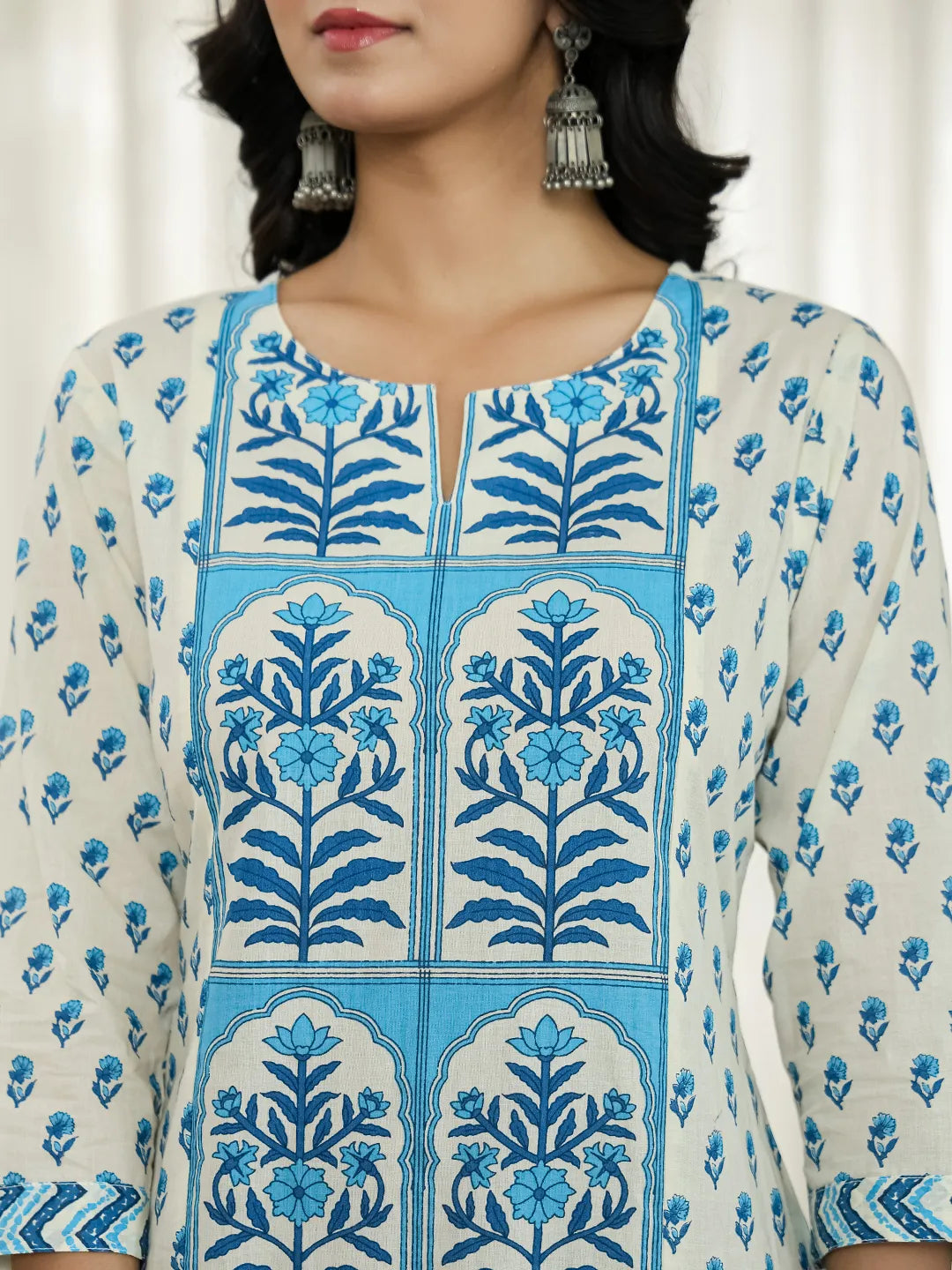 Blue And White Ethnic Motifs Straight Kurta Trouser Dupatta Set