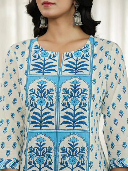 Blue And White Ethnic Motifs Straight Kurta Trouser Dupatta Set