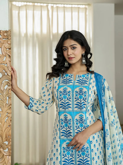 Blue And White Ethnic Motifs Straight Kurta Trouser Dupatta Set