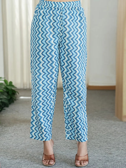 Blue And White Ethnic Motifs Straight Kurta Trouser Dupatta Set